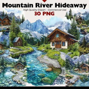 Berg rivier clipartbundel, natuur landschap aquarel illustraties, rivier afdrukbare, berg digitale download png, papierkunst