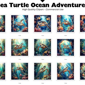 Puede incluir: Colecci&oacute;n de impresiones art&iacute;sticas digitales que representan tortugas marinas nadando en un vibrante entorno submarino. Cada imagen cuadrada muestra una representaci&oacute;n art&iacute;stica diferente de tortugas entre arrecifes de coral, con el texto "Sea Turtle Ocean Adventures" en la parte superior.