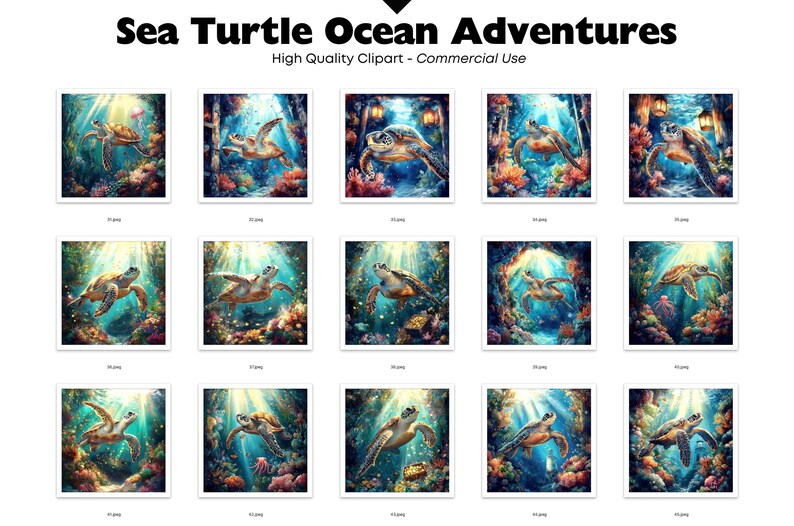 Puede incluir: Colecci&oacute;n de impresiones art&iacute;sticas digitales que representan tortugas marinas nadando en un vibrante entorno submarino. Cada imagen cuadrada muestra una representaci&oacute;n art&iacute;stica diferente de tortugas entre arrecifes de coral, con el texto "Sea Turtle Ocean Adventures" en la parte superior.