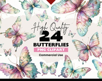 Pastel Butterflies Clipart Bundle, Fantasy Butterfly PNG, Vintage Butterfly Watercolor, Printable Butterfly Digital Download, Paper Crafts