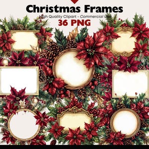 May include: A digital illustration of Christmas frames with a festive design. The frames are surrounded by red poinsettias, pine cones, and greenery. The text "Christmas Frames" and "36 PNG" are visible at the top.