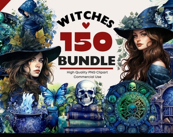 Magical Witch Clipart Bundle, Whimsical Witches PNG, Blue Witch Watercolor, Witchy Magic, Witches Hat PNG Graphics, Paper Crafts, Scrapbook