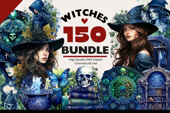 Magical Witch Clipart Bundle, Whimsical Witches PNG, Blue Witch Watercolor, Witchy Magic, Witches Hat PNG Graphics, Paper Crafts, Scrapbook