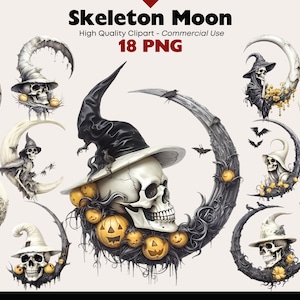 Skelet maan clipart, heksen maan PNG, kraan maan aquarel, maan clipart bundel, Fantasy Scull maan kunst aan de muur, ongewenste dagboek png