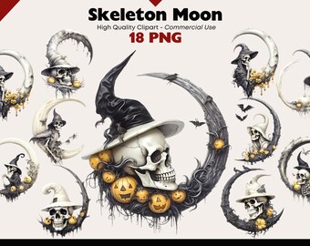 Skeleton Moon Clipart, Witches Moon PNG, Crane Lunar Watercolor, Lunar Clipart Bundle, Fantasy Scull Lunar Wall Art, Junk Journal PNG