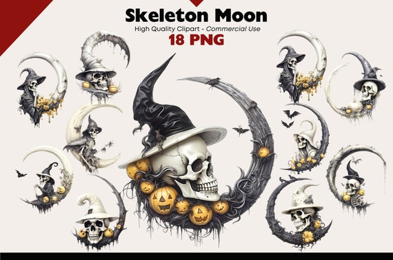 Skeleton Moon Clipart, Witches Moon PNG, Crane Lunar Watercolor, Lunar Clipart Bundle, Fantasy Scull Lunar Wall Art, Junk Journal PNG