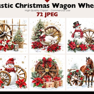 May include: Watercolor illustrations of rustic Christmas wagon wheels with festive decorations. Each image features a wagon wheel adorned with poinsettias, snow, and other holiday elements. The text "Rustic Christmas Wagon Wheels" is at the top.