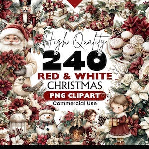 Festive Red And White Christmas Clipart Bundle - Seasonal Winter Graphics & Digital PNG Decor, Xmas Printable Watercolour Elements