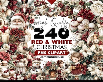 Festive Red And White Christmas Clipart Bundle - Seasonal Winter Graphics & Digital PNG Decor, Xmas Printable Watercolour Elements