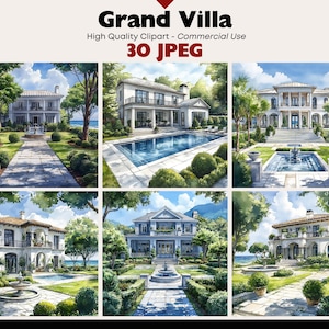 30 Grand Villa Scenery JPEG Graphics Commercial Use Luxury Home Digital Download Watercolor Paper Crafts Junk Journal Scrapbooking