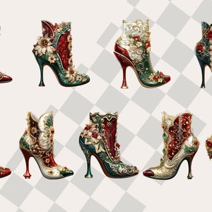 May include: Eight pairs of ornate high-heeled boots with intricate details. The boots are decorated with gold, red, and green embellishments, including flowers, jewels, and lace.