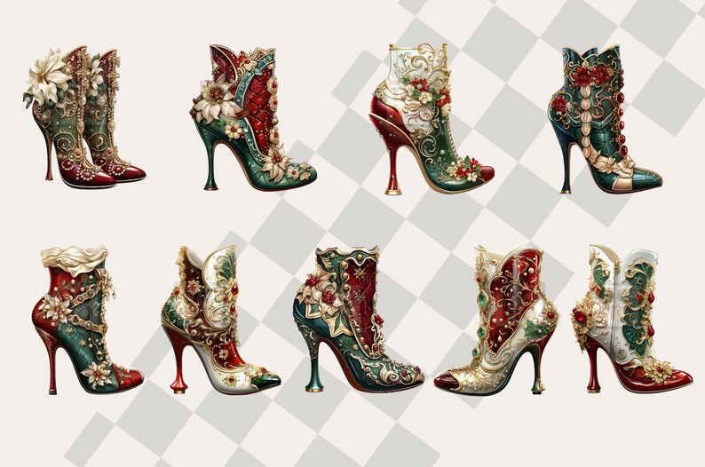May include: Eight pairs of ornate high-heeled boots with intricate details. The boots are decorated with gold, red, and green embellishments, including flowers, jewels, and lace.