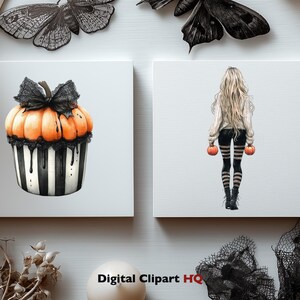 May include: Two square canvases with Halloween-themed illustrations. One features a pumpkin cupcake with a black bow, the other a person holding pumpkins. The background includes decorative elements like butterflies and a book.