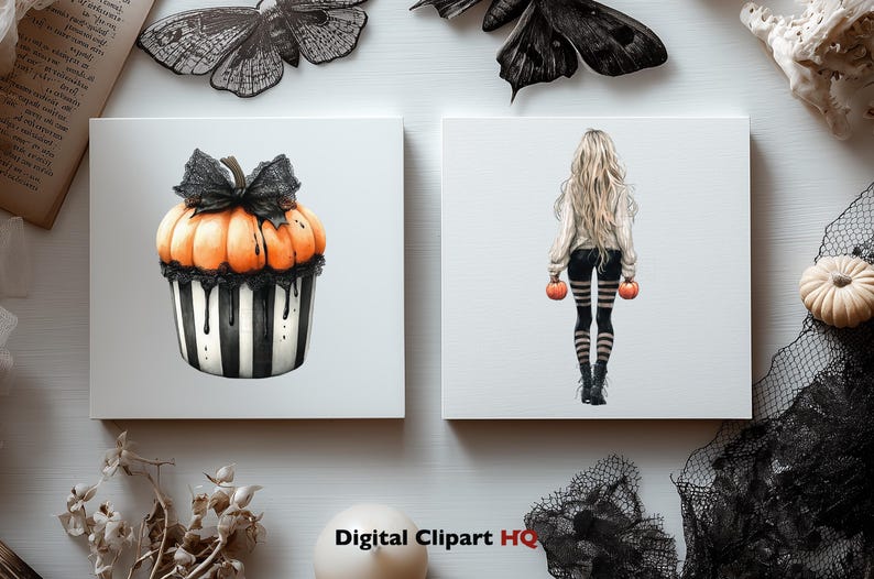 May include: Two square canvases with Halloween-themed illustrations. One features a pumpkin cupcake with a black bow, the other a person holding pumpkins. The background includes decorative elements like butterflies and a book.