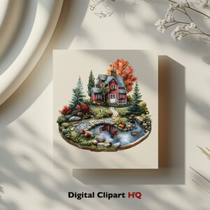 May include: A square print featuring a detailed illustration of a red house with a white porch, surrounded by trees and a pond. The artwork has a miniature, diorama-like quality, with vibrant colors and a sense of depth. The text "Digital Clipart HQ" is at the bottom.