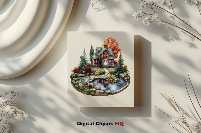 May include: A square print featuring a detailed illustration of a red house with a white porch, surrounded by trees and a pond. The artwork has a miniature, diorama-like quality, with vibrant colors and a sense of depth. The text "Digital Clipart HQ" is at the bottom.