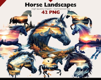 Imágenes prediseñadas de caballos del oeste: 42 imágenes PNG de caballos al atardecer rústicos para sublimación, arte mural, decoración vaquera, diseños digitales y descarga instantánea