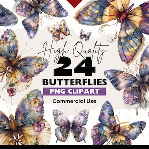 Vintage Schmetterlinge Clipart Bundle, Fantasy Schmetterling PNG, Lila Schmetterling Aquarell, Schmetterlinge Digital Download, Papiermodelle