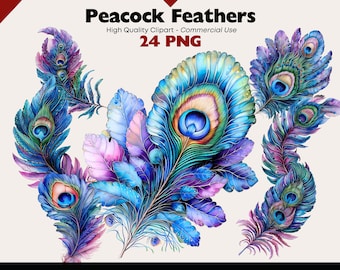 Fantasy Peacock Feathers Clipart Bundle, Watercolor Peacock Graphics, Wild Bird Feathers PNG Digital Download, Scrapbooking, Paper Crafts