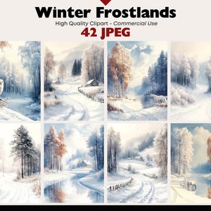May include: A set of watercolour winter landscape art prints. The images show snowy scenes with trees, roads, and cabins. The text "Winter Frostlands" and "42 JPEG" are visible at the top.