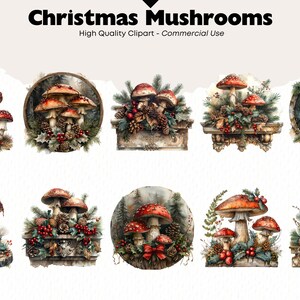 May include: Eight watercolour illustrations of Christmas mushrooms with red and white caps, surrounded by holly, pine cones, and other festive greenery.  The mushrooms are arranged on a variety of backgrounds, including wood, stone, and snow.