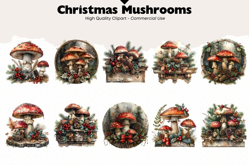 May include: Eight watercolour illustrations of Christmas mushrooms with red and white caps, surrounded by holly, pine cones, and other festive greenery.  The mushrooms are arranged on a variety of backgrounds, including wood, stone, and snow.