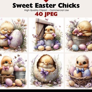 Può includere: Una collezione di arte digitale intitolata "Sweet Easter Chicks" con illustrazioni ad acquerello di adorabili pulcini con uova di Pasqua, farfalle e accenti floreali. Le immagini hanno una morbida tavolozza di colori pastello, perfetta per progetti a tema primaverile. La collezione include 40 immagini JPEG.