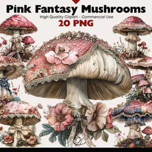 Bundle de clipart champignon rose fantaisie, aquarelle d'Agaric de mouche fantastique, téléchargement numérique de champignons de conte de fées PNG, créations en papier, scrapbooking