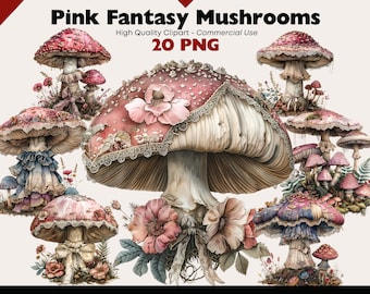 Pink Fantasy Mushroom Clipart Bundle, Fantasy Fly Agaric Watercolor, Fairy Tale Mushroom PNG Digital Download, Paper Crafts, Scrapbooking