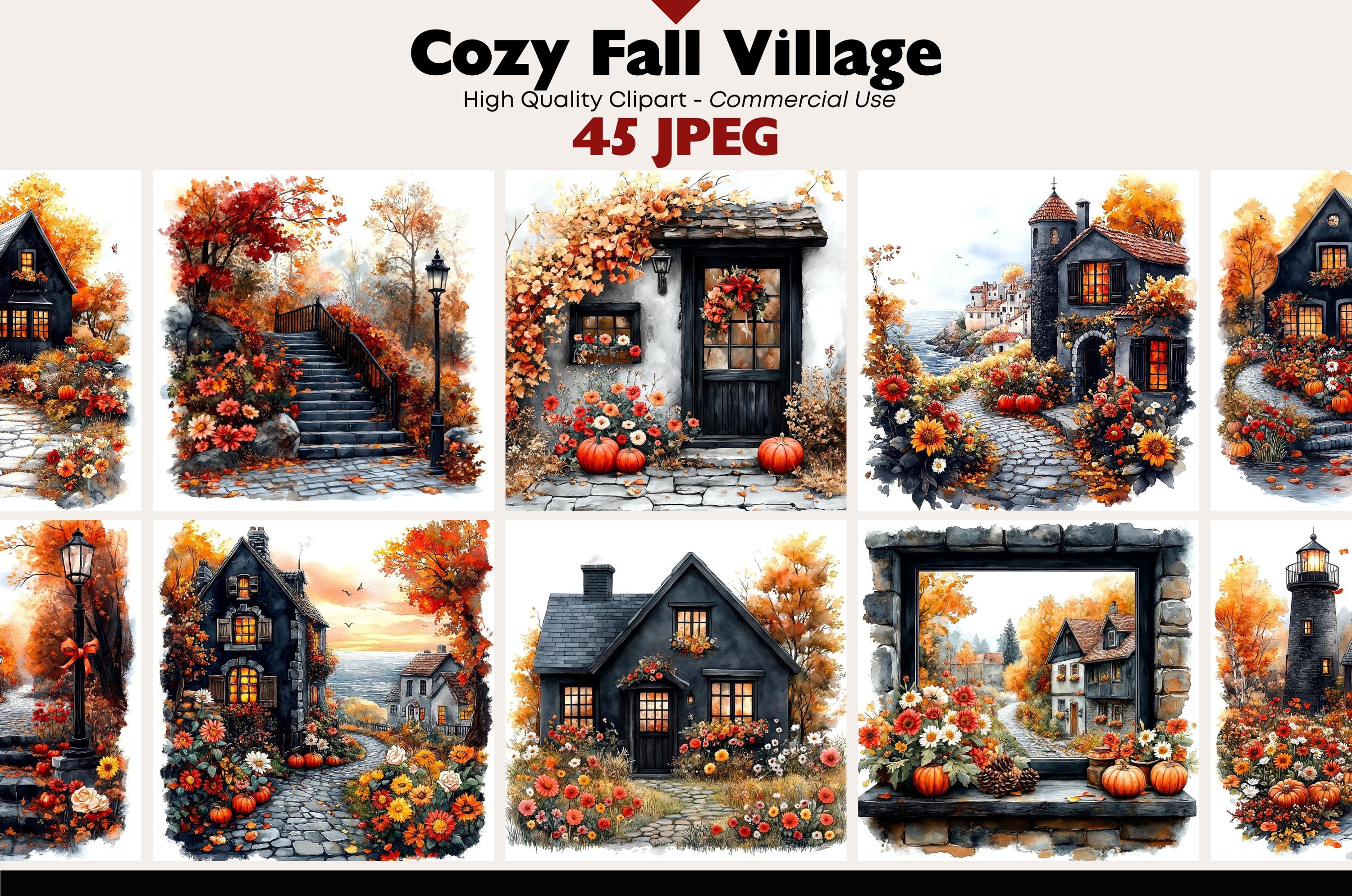 Cozy Fall Village JPEG Clipart Bundle Watercolor Autumn House Graphics ...