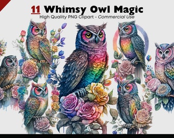 Whimsical Owl Clipart Bundle, Magical Bird PNG Graphics Set, Whimsical Owl Watercolor Clipart Digital Stickers, Scrapbook, Junk Journal