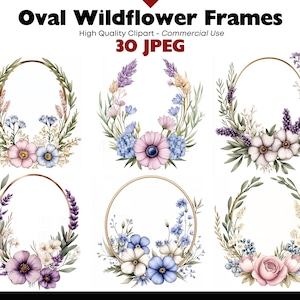 Oval Floral Frames JPEG Clipart Commercial Use Wildflower Border Graphics Digital Download Watercolor Paper Crafts Junk Journal Scrapbooking
