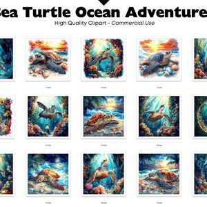 Puede incluir: Colecci&oacute;n de ilustraciones en acuarela con tortugas marinas en diversas escenas oce&aacute;nicas. Cada imagen cuadrada muestra una tortuga diferente, con vibrantes arrecifes de coral, luz solar y olas del oc&eacute;ano. El texto "Sea Turtle Ocean Adventures" est&aacute; en la parte superior.