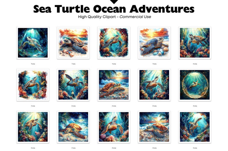 Puede incluir: Colecci&oacute;n de ilustraciones en acuarela con tortugas marinas en diversas escenas oce&aacute;nicas. Cada imagen cuadrada muestra una tortuga diferente, con vibrantes arrecifes de coral, luz solar y olas del oc&eacute;ano. El texto "Sea Turtle Ocean Adventures" est&aacute; en la parte superior.
