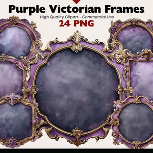 Paarse Victoriaanse lijstbundel, gouden sierlijke lijst png, violet leeg bord aquarel, sierlijke schoolbord digitale download, paarse papierkunst