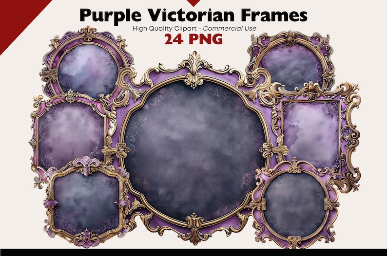 Puede incluir: Un conjunto de 24 marcos victorianos digitales de color p&uacute;rpura con detalles dorados. Los marcos son ornamentados y tienen un toque vintage. Son perfectos para agregar un toque de elegancia a tus proyectos digitales.