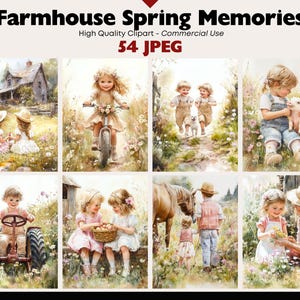 May include: Watercolor clipart set titled "Farmhouse Spring Memories" featuring idyllic scenes of children, animals, and rural life. The images include children on a bicycle, with a piglet, and playing in fields. The set includes 54 JPEG images.