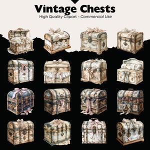 May include: A collection of 20 vintage wooden chests with ornate details, featuring floral patterns, ribbons, and lace accents. The chests are painted in various shades of white, cream, and brown, with some featuring blue and pink accents.
