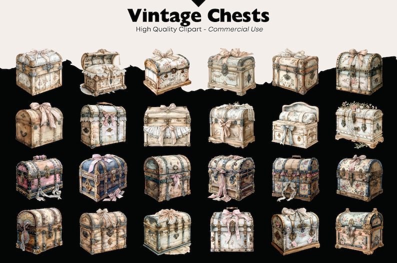May include: A collection of 20 vintage wooden chests with ornate details, featuring floral patterns, ribbons, and lace accents. The chests are painted in various shades of white, cream, and brown, with some featuring blue and pink accents.