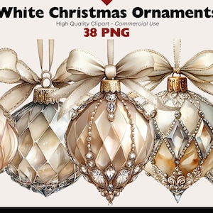 Pacchetto di clipart di ornamenti natalizi bianchi, grafica invernale, download digitale, acquerello, png, ornamento natalizio neutro, download digitale