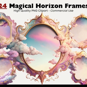 Op de afbeelding: 24 magische horizon frames met sierlijke gouden en roze frames, tegen een achtergrond van pluizige witte wolken en een kleurrijke lucht.