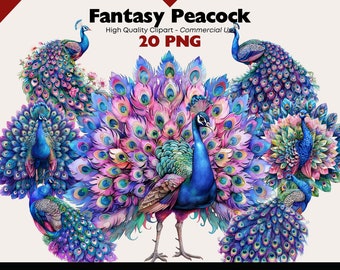 Fantasy Peacock Clipart Bundle, Watercolor Bird Graphics, Wild Bird Illustration, Peacock PNG, Digital Download, Scrapbooking, Paper Crafts
