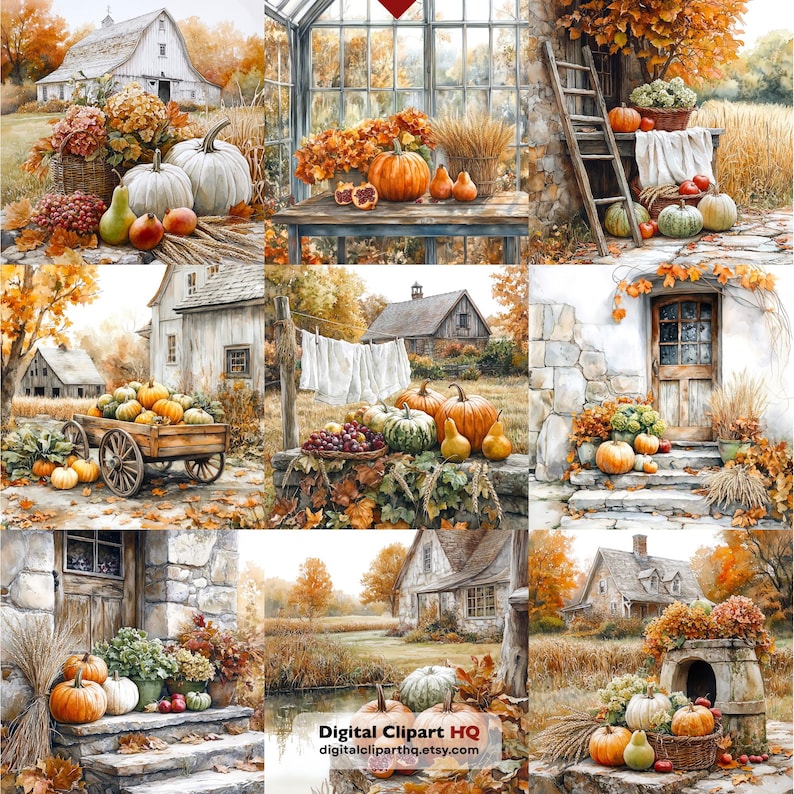 JPEG Watercolor Farmhouse Harvest Clipart, Printable JPG Autumn Landscape Graphics Digital Download Art Paper Crafts Junk Journal Scrapbook image 8