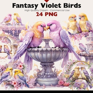 Fantasie Vogel Clipart Bundle, Lila Fink PNG, Aquarell violette Vogel Illustrationen, PNG Vögel Digital Download, wunderliche Liebe Vögel Bilder