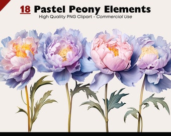 Pastel Peonies Clipart Bundle, Cut Flowers Elements, Watercolor Peony Graphics, Flower Arrangement PNG, Floral Digital Stickers, Scrapbook