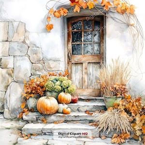 May include: A watercolor illustration of a wooden door set in a stone wall with stone steps. The scene features orange pumpkins, green hydrangeas, and dried wheat stalks in pots. Autumn leaves drape over the door frame, creating a seasonal display.