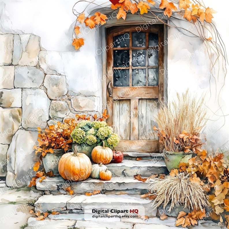 May include: A watercolor illustration of a wooden door set in a stone wall with stone steps. The scene features orange pumpkins, green hydrangeas, and dried wheat stalks in pots. Autumn leaves drape over the door frame, creating a seasonal display.