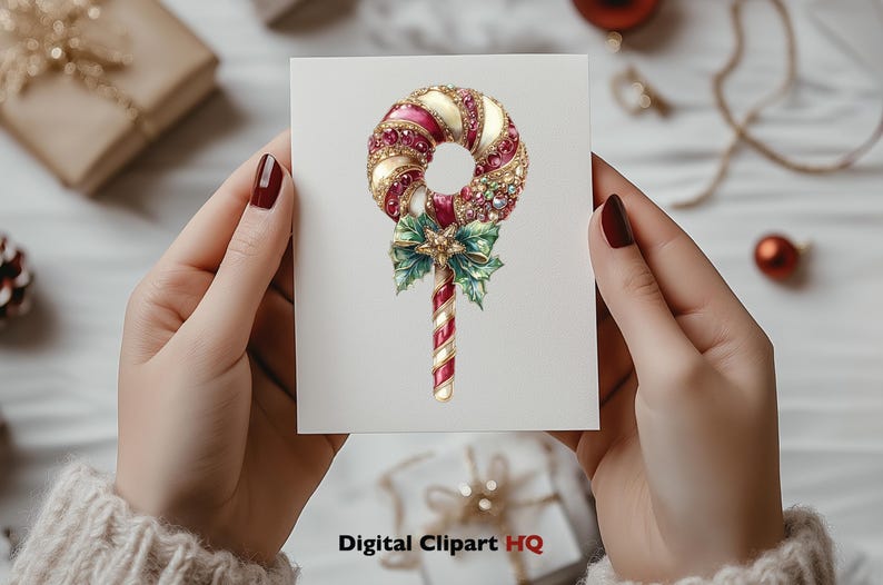 May include: A red and white candy cane with a gold and green holly sprig and a red bow. The candy cane is decorated with gold glitter and red jewels.