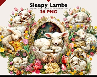 Sleepy Lamb Clipart, Spring Easter Lamb PNG, Floral Baby Sheep Illustration, Cute Farm Animal Clip Art, Nursery Easter PNG Paper Crafts