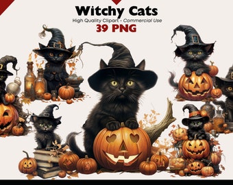 Paquete de imágenes prediseñadas de gato brujo, Gato de Halloween PNG, Diseño familiar de bruja, Calabaza de fantasía y gatito, Álbum de recortes de Halloween PNG, Magia de gato negro
